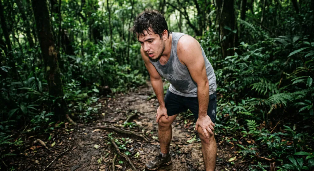 Por que começar a correr é difícil? O que acontece no seu corpo nos primeiros treinos 11 corredor iniciante parado com mãos nos joelhos recuperando fôlego em trilha na Mata Atlântica