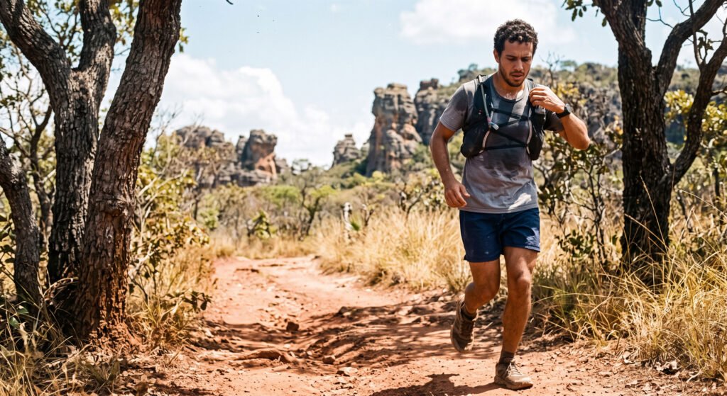 Assadura na corrida: corredor ajusta colete de hidratação no calor do cerrado