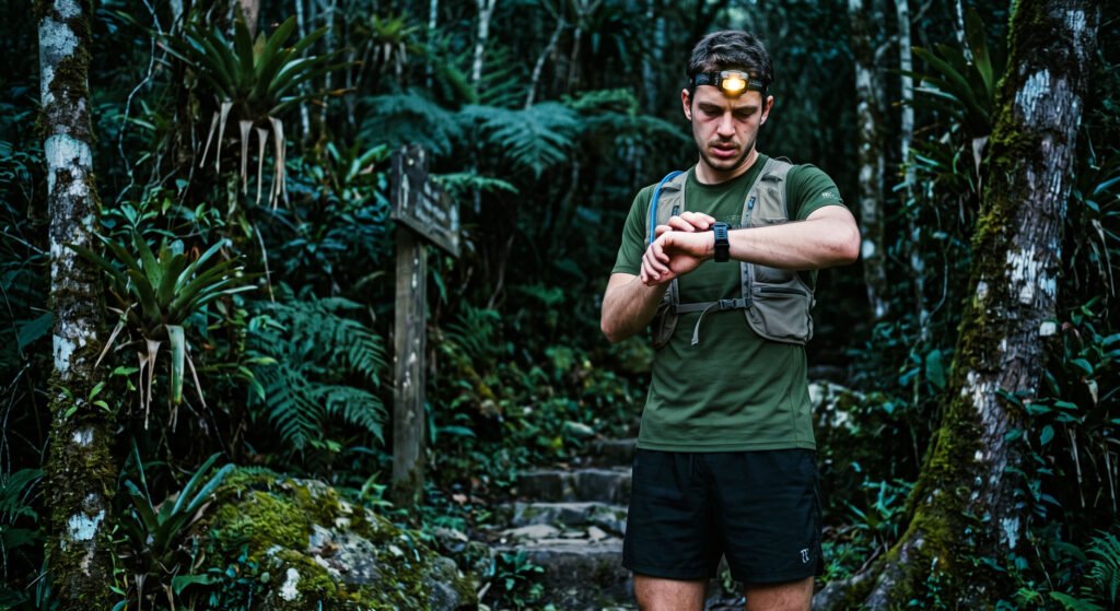 Sono para corredores: atleta exausto confere relógio GPS ao amanhecer na trilha