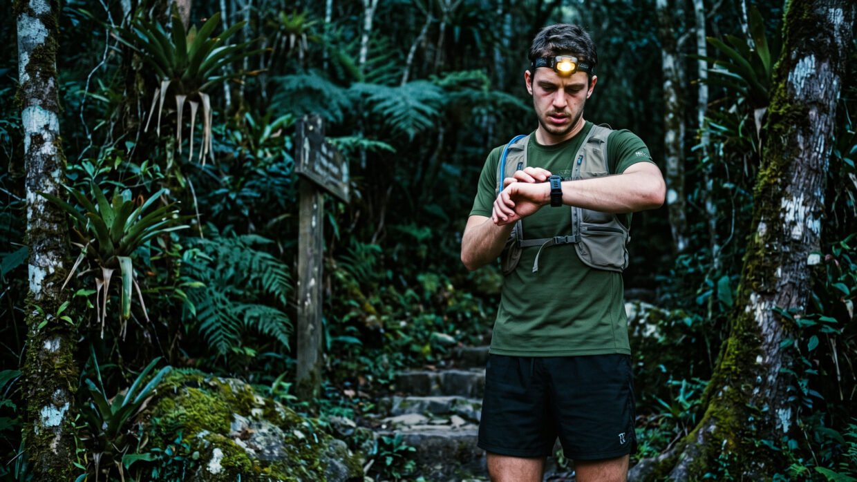 Sono para corredores: quanto dormir para recuperar de verdade 10 Sono para corredores: atleta exausto confere relógio GPS ao amanhecer na trilha