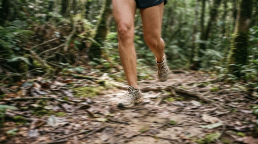 Trilha na Mata Atlântica: tênis de trail running na terra úmida com folhas, raízes e luz da manhã