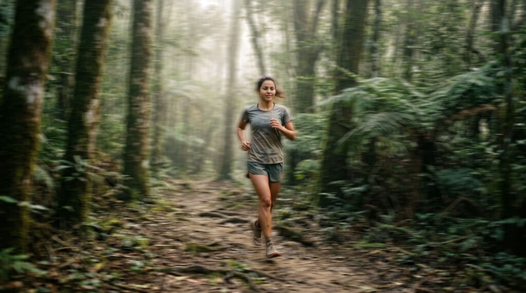 Corrida e saúde mental: corredora na trilha da Mata Atlântica com luz suave da manhã e passo tranquilo